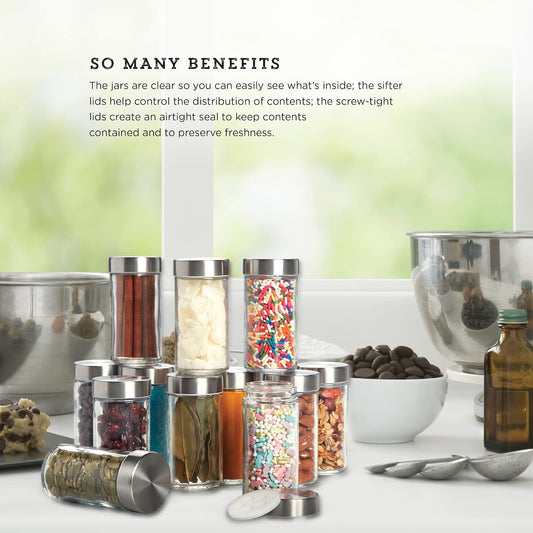 Kamenstein 12-Piece Empty Glass Spice Jar Set Stainless Steel Lids 3 oz