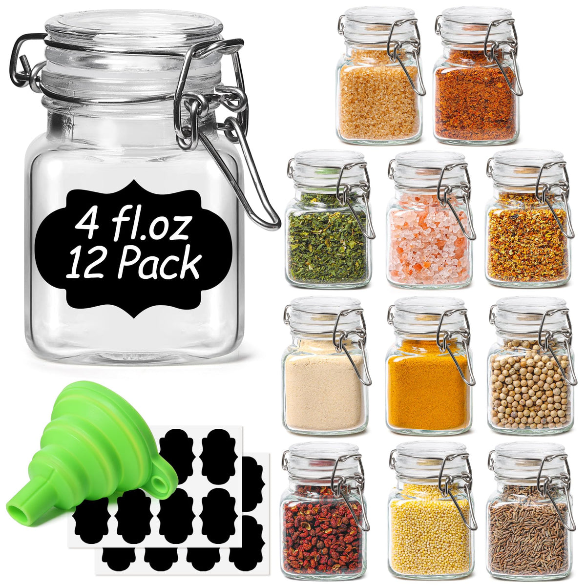 ComSaf Square Small Glass Spice Jars with Airtight Lids 4 oz 6 Pack Pantry