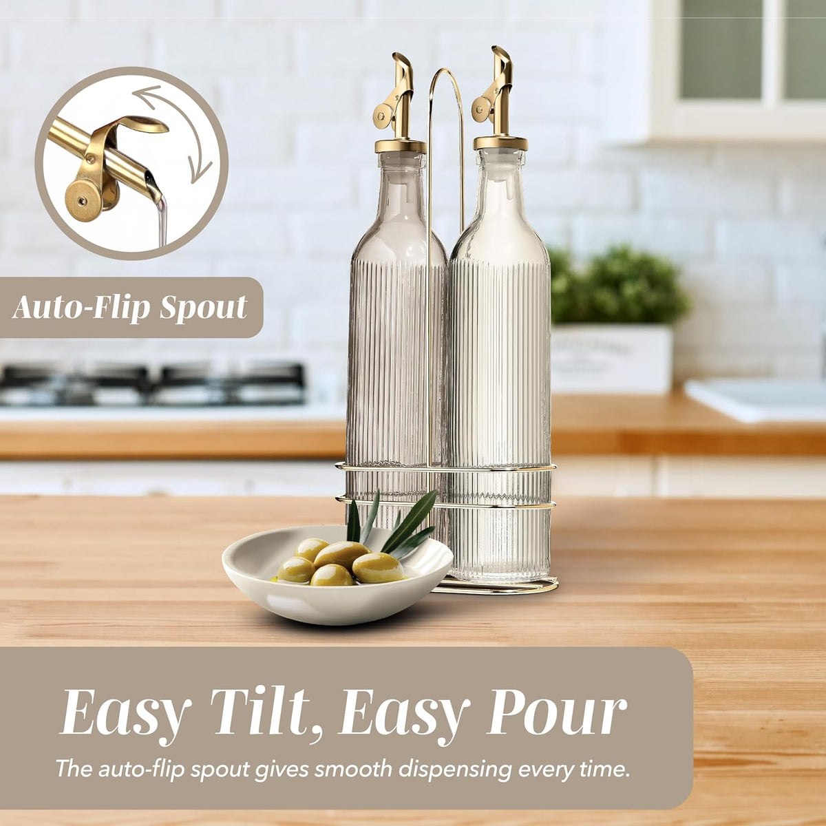 COOK WITH COLOR Glass Olive Oil Bottle Dispenser - 2 Pack- 17oz Oil and Vinegar Cruet - Olive Oil Carafe Decanter for Kitchen, Fluted, Brown