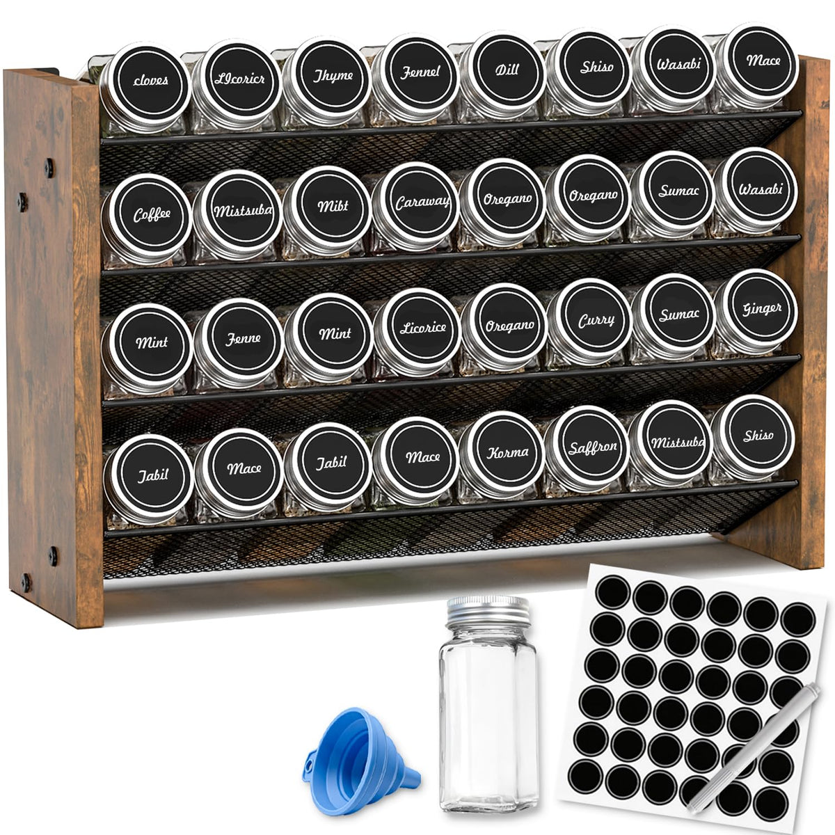 Spice Rack Organizer with 28 Glass Jars, for Cabinet Wall Mount Countertop