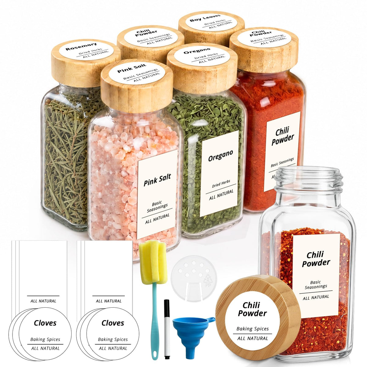 SHOWIN Spice Jars with Label, 4oz Spice Containers with Bamboo Lids 12pcs, Glass Spice Jars with Lids, Square Seasoning Containers for Rack, Cabinet, Drawer, Home Kitchen Seasoning Organizer