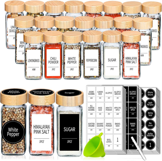 Churboro 24-Pack Empty Glass Spice Jars with Labels, 4 oz, Bamboo Lids