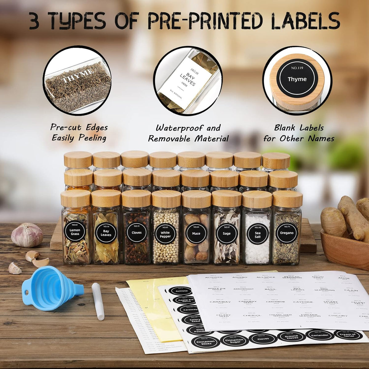 NETANY 24 Pcs Glass Spice Jars with Bamboo Lids, 4 oz Glass Jars with Minimalist Farmhouse Spice Labels Stickers, Collapsible Funnel, Seasoning Storage Bottles for Spice Rack, Cabinet, Drawer