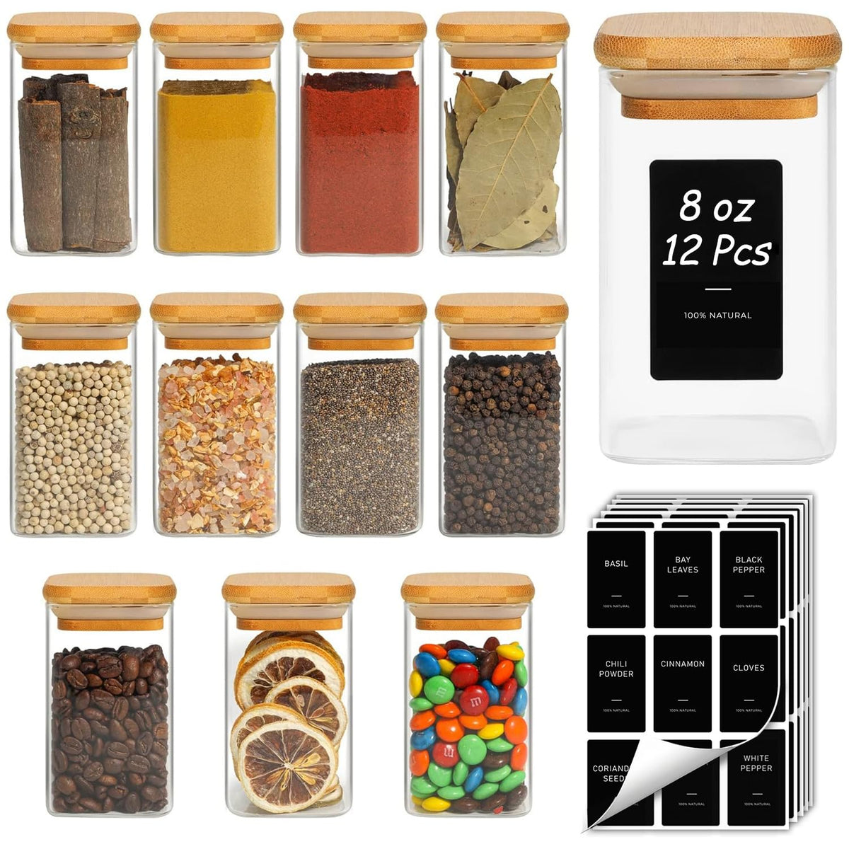 ComSaf Square Glass Spice Jars with Labels 8 oz 16 Pack with Bamboo Lids