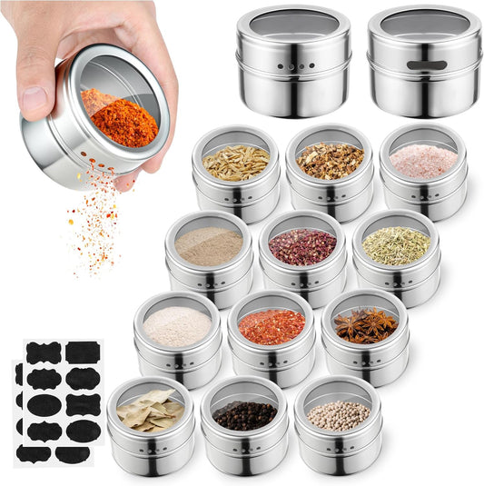 12pcs Stainless Steel Spice Jars, Magnetic Condiment Tins Magnetic Spice Jar With Clear Lid And Holes Sift&Pour - Easy To Clean