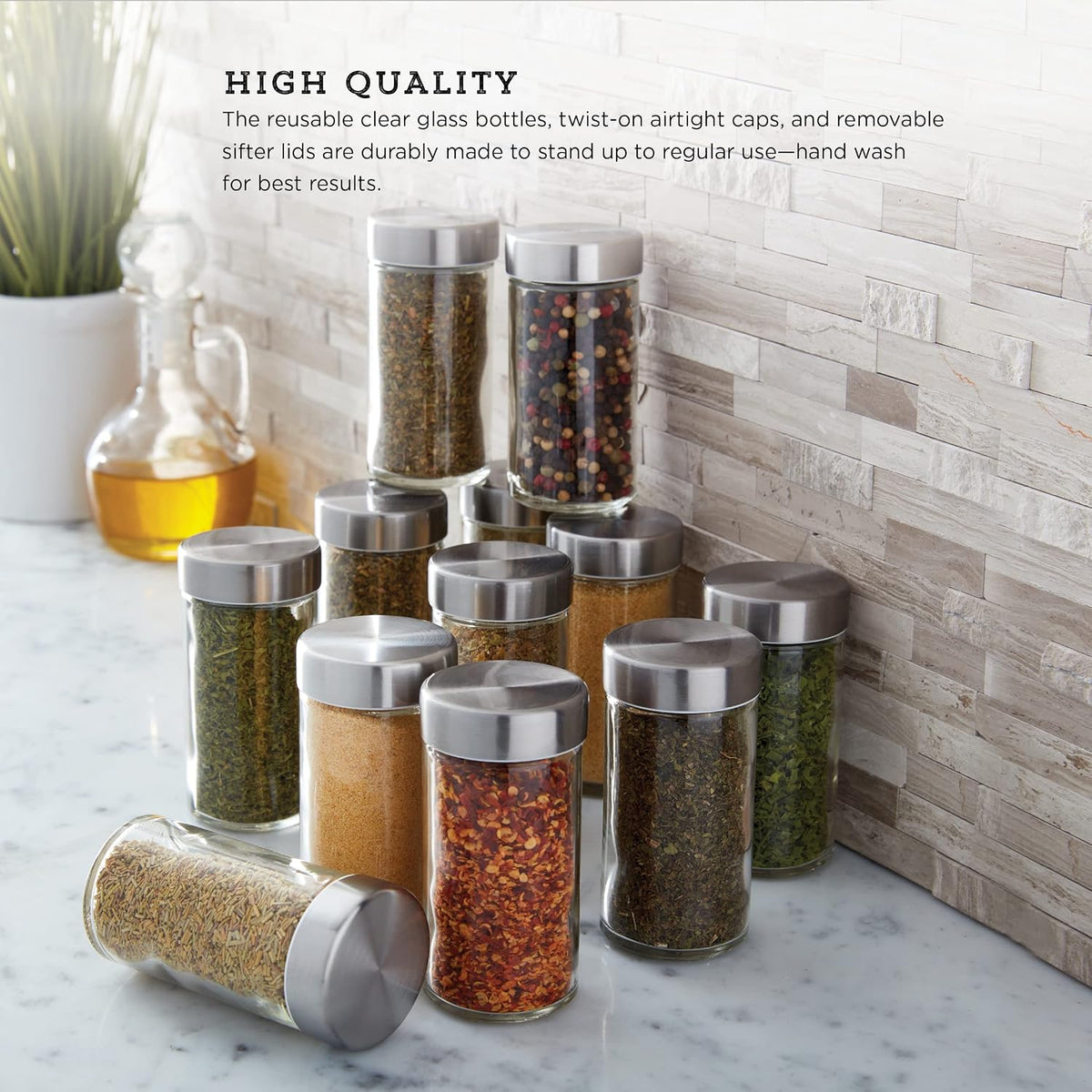 Kamenstein 12-Piece Empty Glass Spice Jar Set Stainless Steel Lids 3 oz