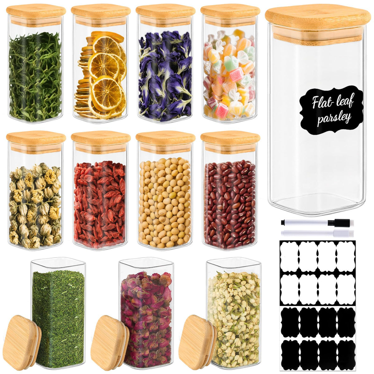 TBWIND 12 Pack 8 oz Square Glass Spice Jars with Lids and Labels – Airtight Small Spice Containers Set, Clear Glass Storage Jars for Seasoning, Spices, Kitchen Pantry Organization