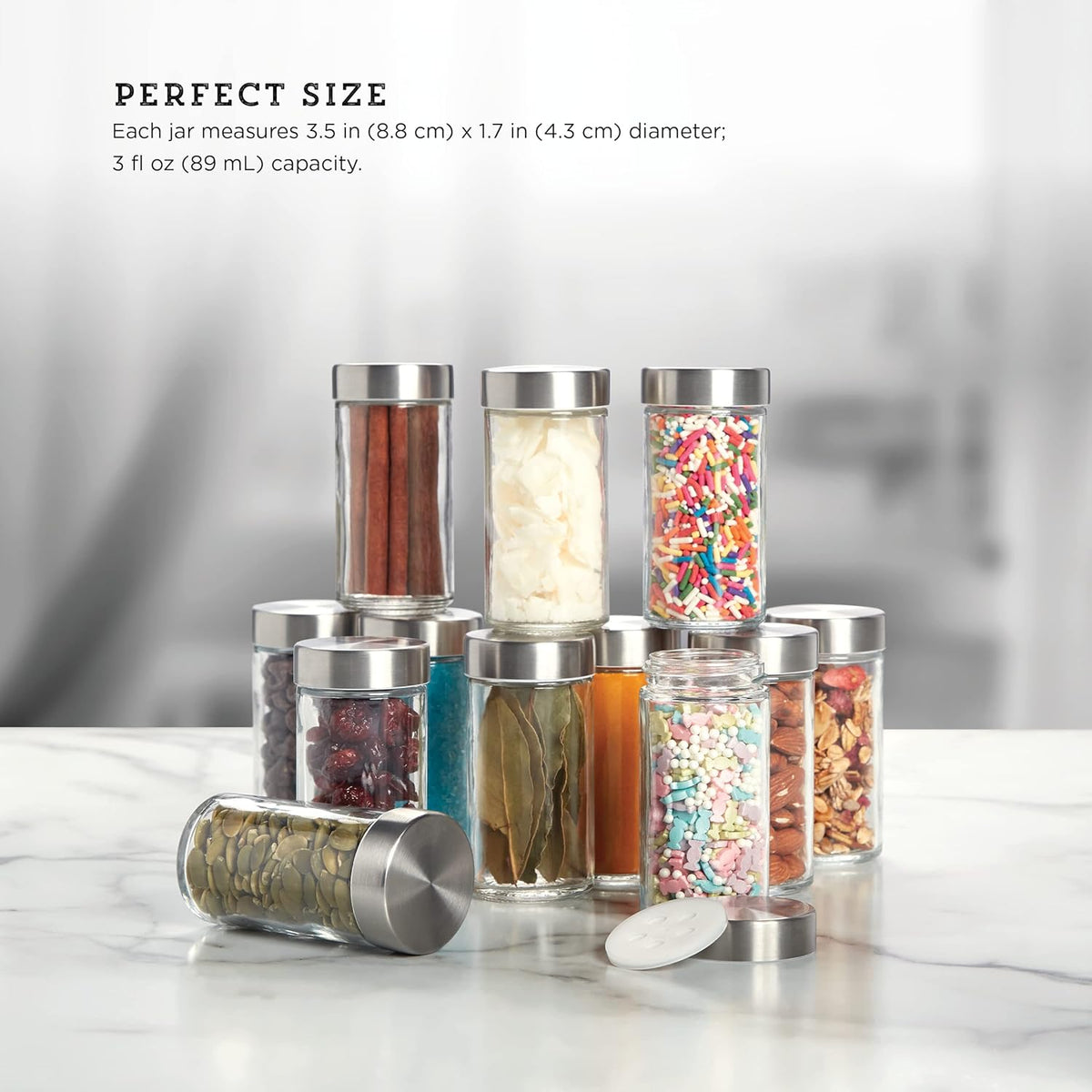Kamenstein 12-Piece Empty Glass Spice Jar Set Stainless Steel Lids 3 oz