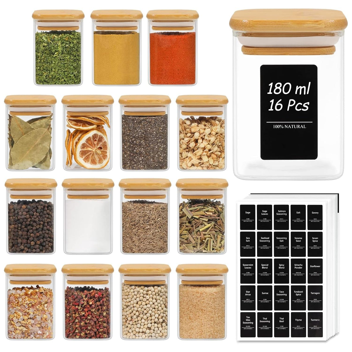 ComSaf Square Glass Spice Jars with Labels 8 oz 16 Pack with Bamboo Lids
