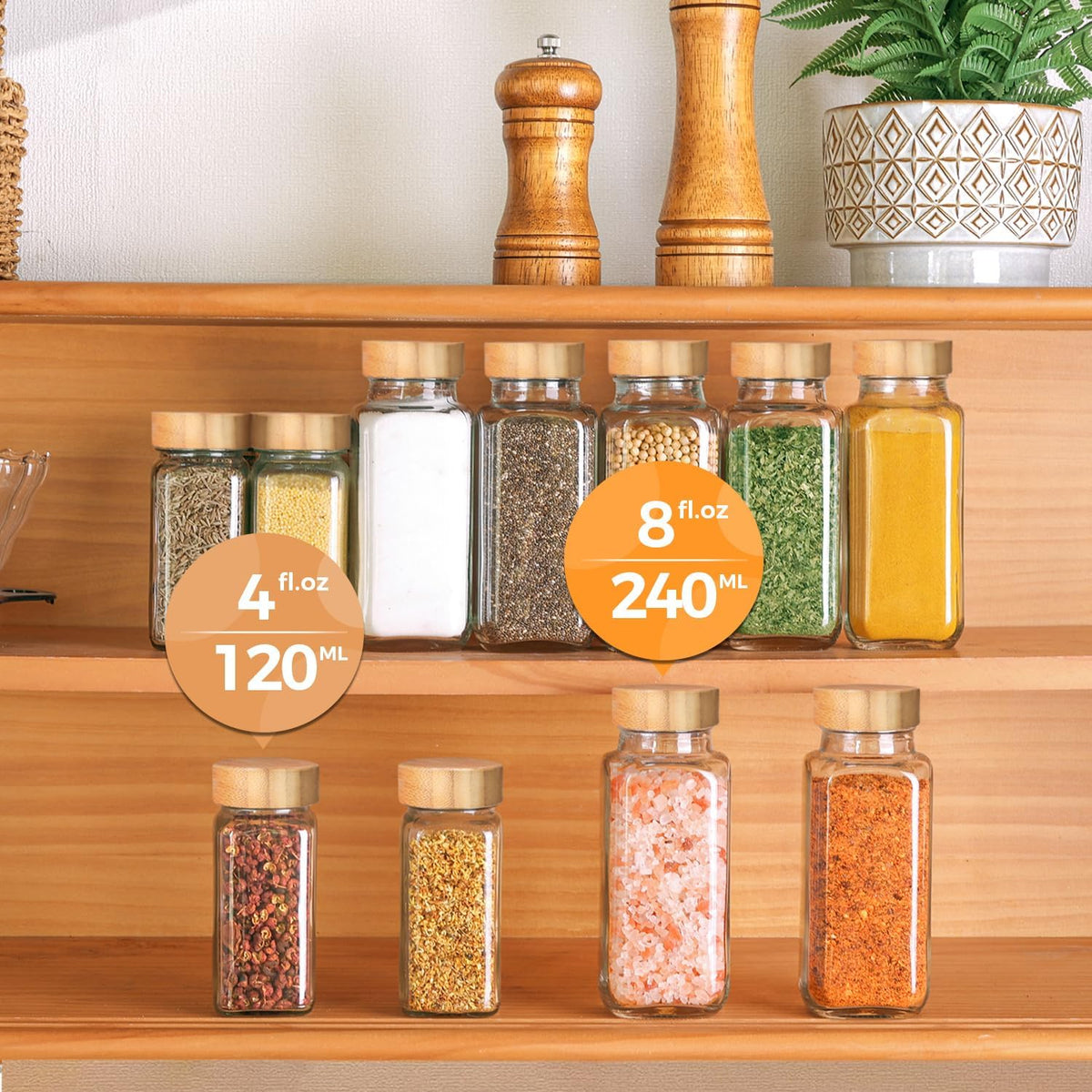 ComSaf Glass Spice Jars with Labels 4 oz 6 Pack Small Bamboo Lids