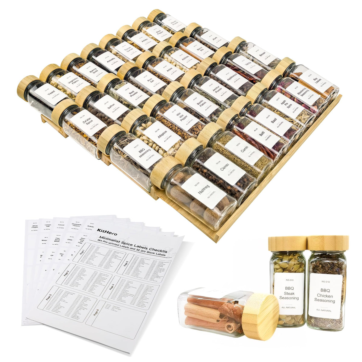 Spice Drawer Organizer with 28 Spice Jars and 216 Labels,Non-slip Rubber, Bamboo 4 Tier Spice Racks Tray Seasoning Containers for Kitchen Drawers,Cabinets,Countertops,13" Wide * 15.8" Deep
