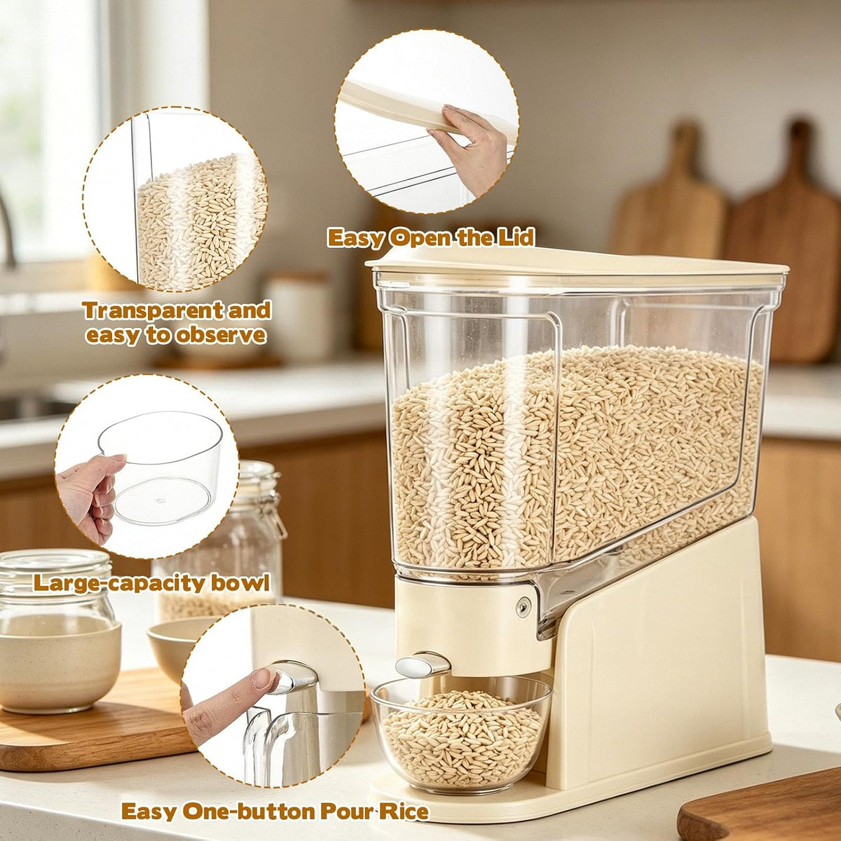 Rice Dispenser 11Lbs Slim Rice Storage Container for Small Space Clear Cereal Dispenser Sealed Moisture Proof with Measuring Cup BPA-Free Grain Storage Bucket for Kitchen Pantry Household, Cream White