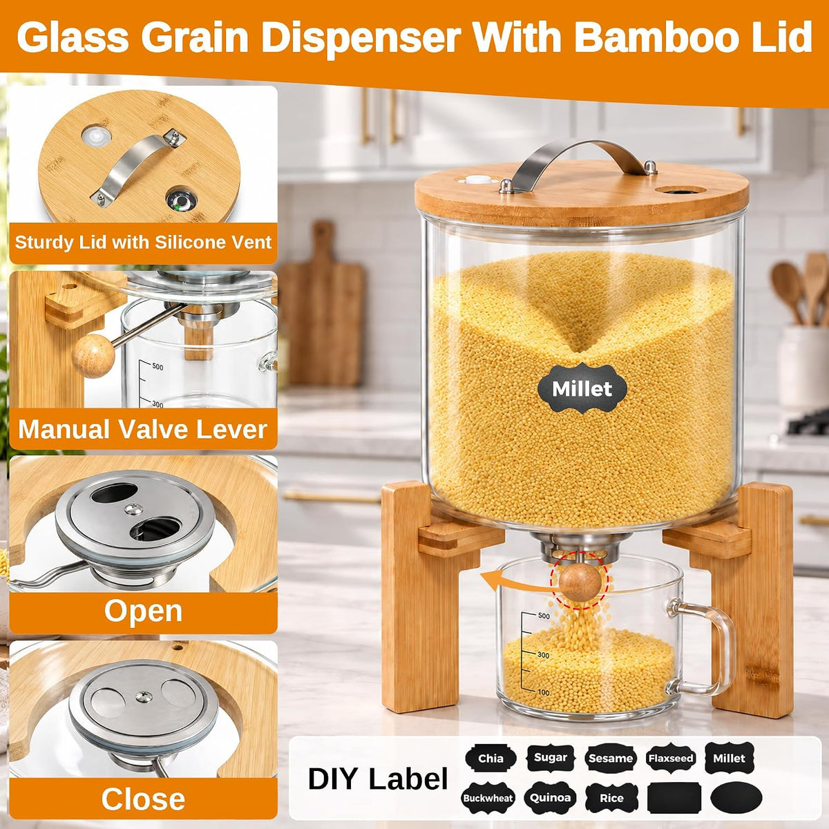 Glass Rice Dispenser, 5L Airtight Rice Container with Measuring Cup & Label