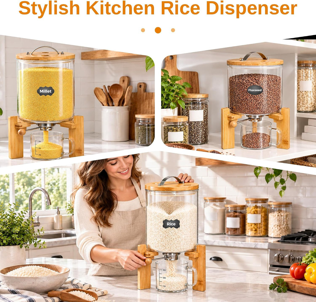 Glass Rice Dispenser, 5L Airtight Rice Container with Measuring Cup & Label