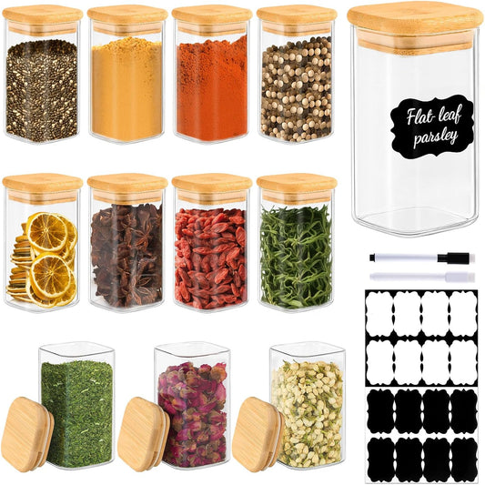 TBWIND 12 Pack 8 oz Square Glass Spice Jars with Lids and Labels – Airtight Small Spice Containers Set, Clear Glass Storage Jars for Seasoning, Spices, Kitchen Pantry Organization