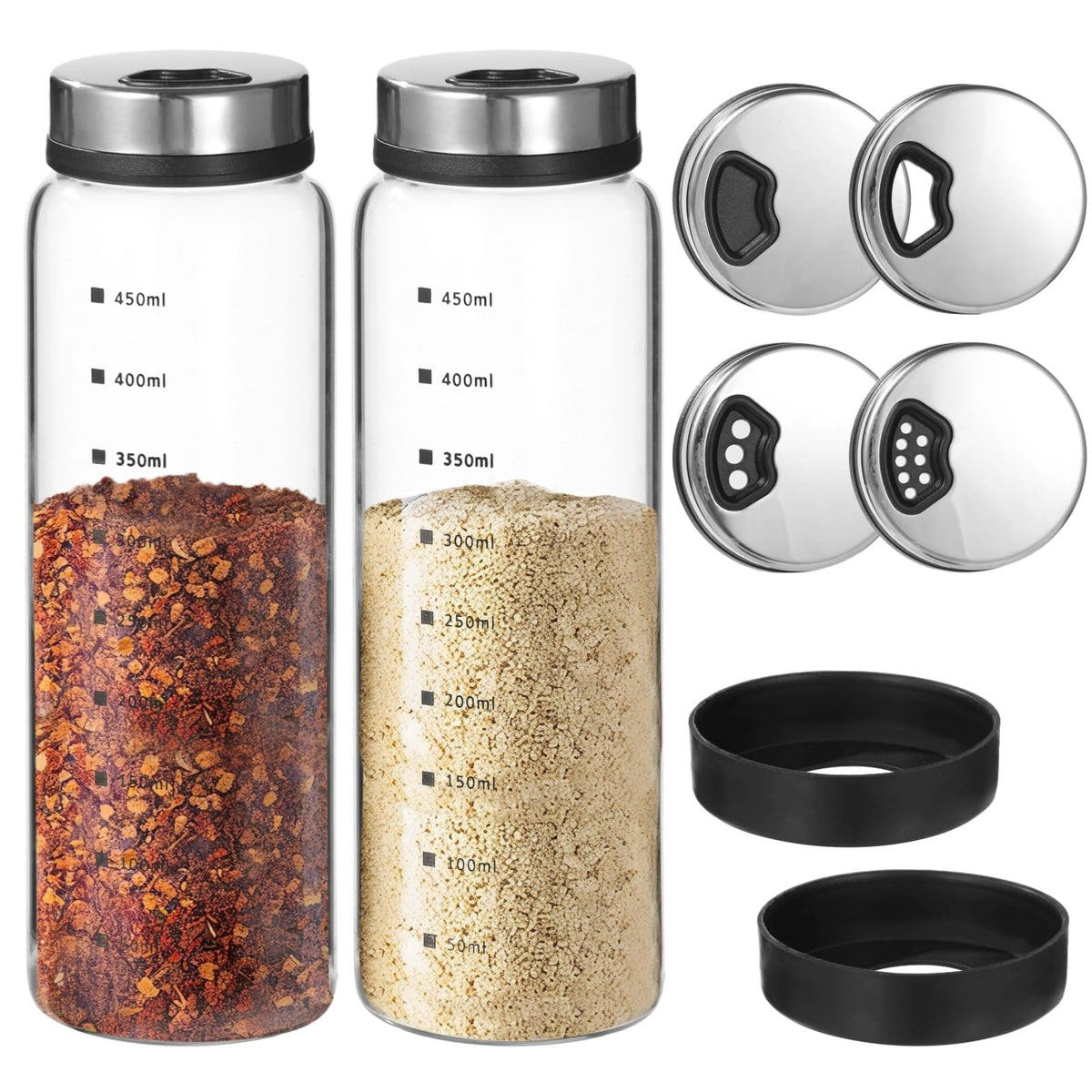 4 Pcs Salt and Pepper Shakers, 350ml Glass Spice Bottles with Adjustable Pour Holes, Spice Dispensers with Non-Slip Silicone Bases, Seasoning Jars with Rotating Steel Lids for Kitchen