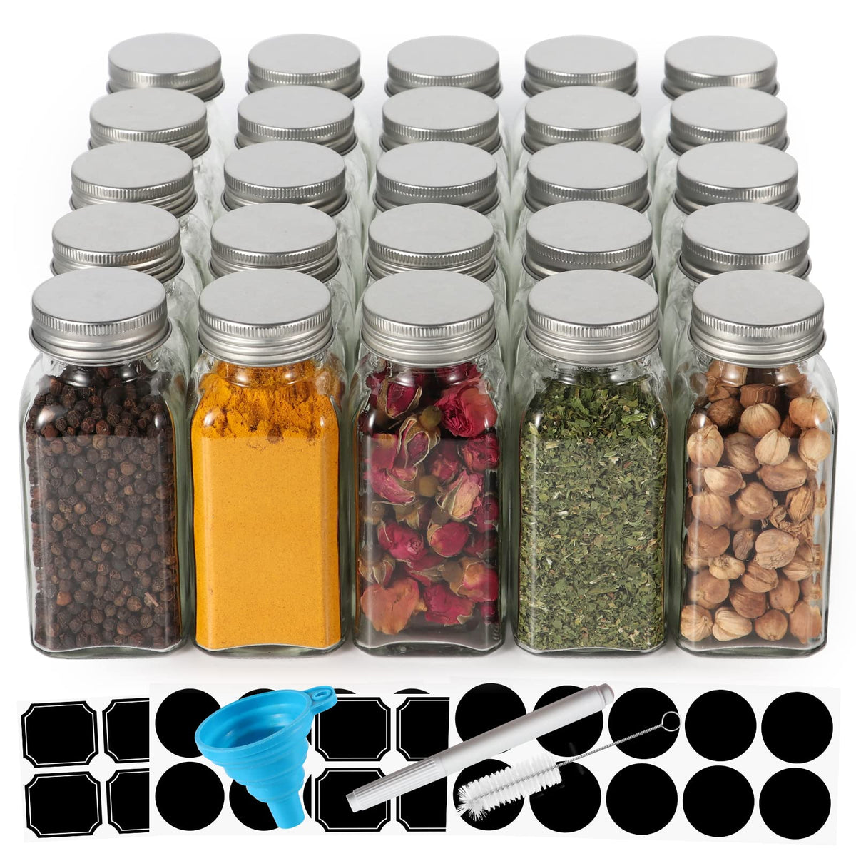 30 Pack Glass Spice Jars 4 oz with Labels,Empty Square Spice bottles