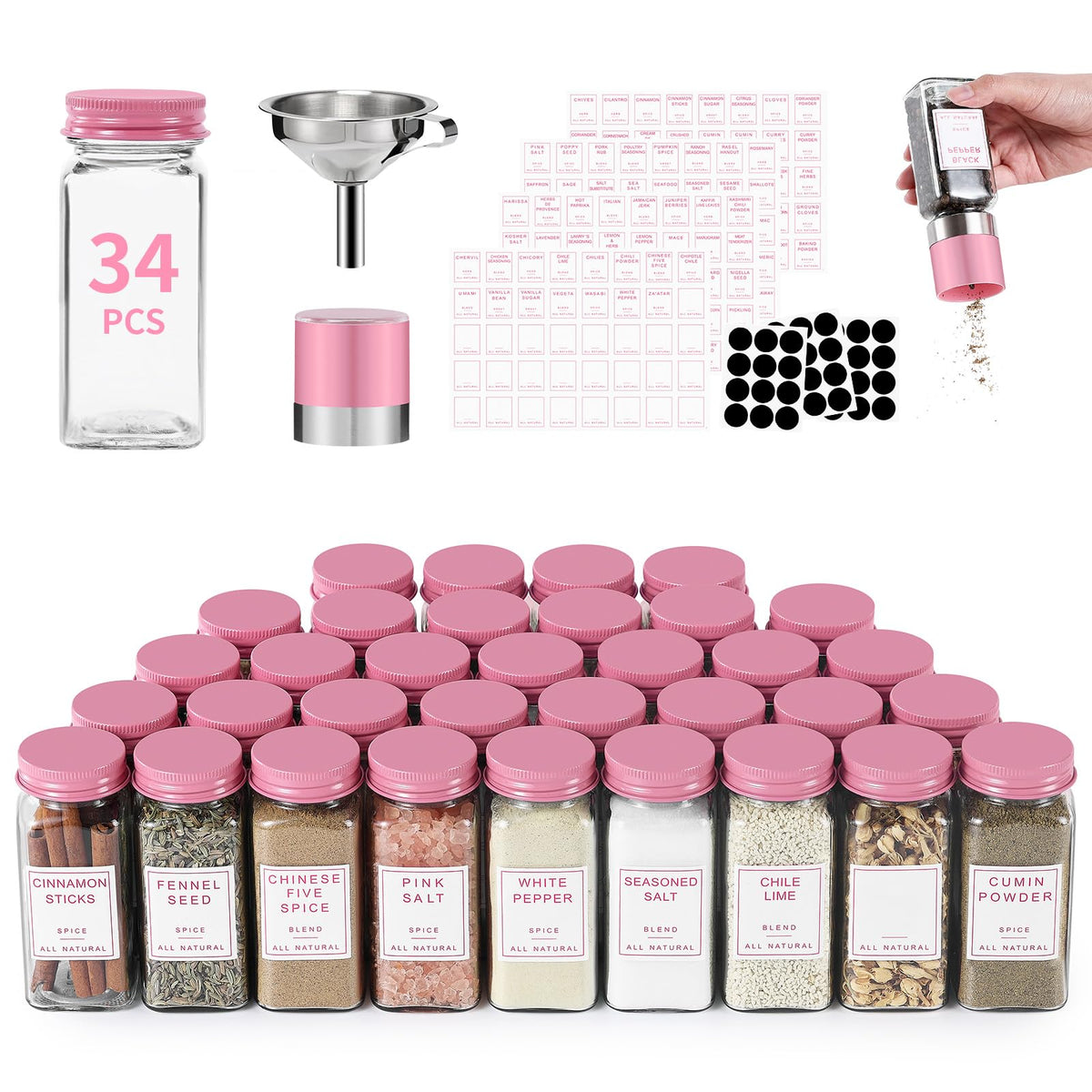 14pcs Glass Spice Jars with Labels, 4oz Seasoning Containers with Metal Lid