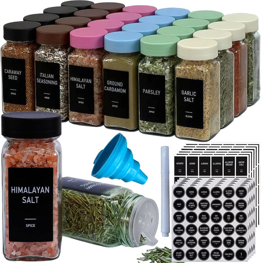 Spice Jars with Labels - 24 Glass Spice with Shaker Lids & Airtight Plastic Caps - 4oz Complete Seasoning Containers Organizer Set for Cabinet, Drawer & Rack (Black)