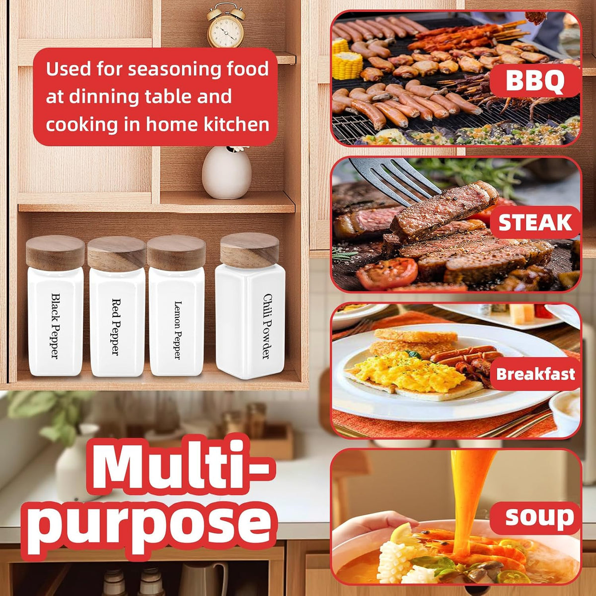 3Pcs 4 oz Square Glass Spice Jars with Label, Empty Spice Containers with Wooden Lids, Square Seasoning Containers and Supplement Set, Small Seasoning Bottles for Salt, Sugar, Pepper (White)