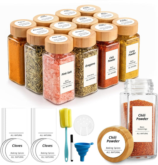 SHOWIN Spice Jars with Label, 4oz Spice Containers with Bamboo Lids 12pcs, Glass Spice Jars with Lids, Square Seasoning Containers for Rack, Cabinet, Drawer, Home Kitchen Seasoning Organizer