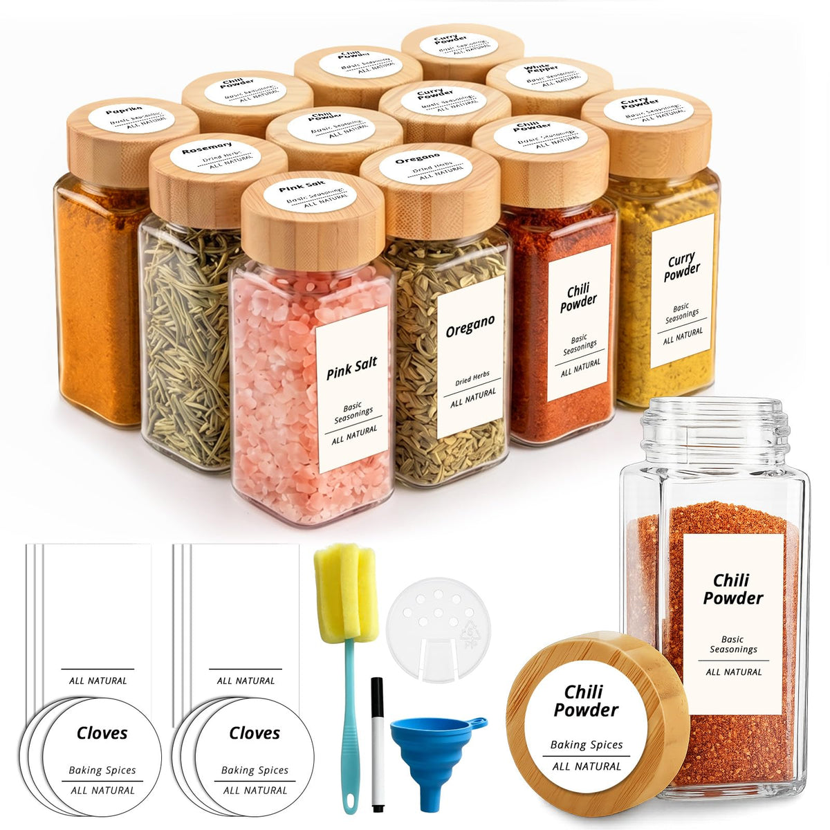 SHOWIN Spice Jars with Label, 4oz Spice Containers with Bamboo Lids 12pcs, Glass Spice Jars with Lids, Square Seasoning Containers for Rack, Cabinet, Drawer, Home Kitchen Seasoning Organizer