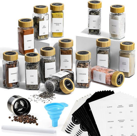 AOZITA 14 Pcs Spice Jars with Bamboo Lids - 4oz Square Spice Bottles with Spice Labels, Shaker Lids, Funnel