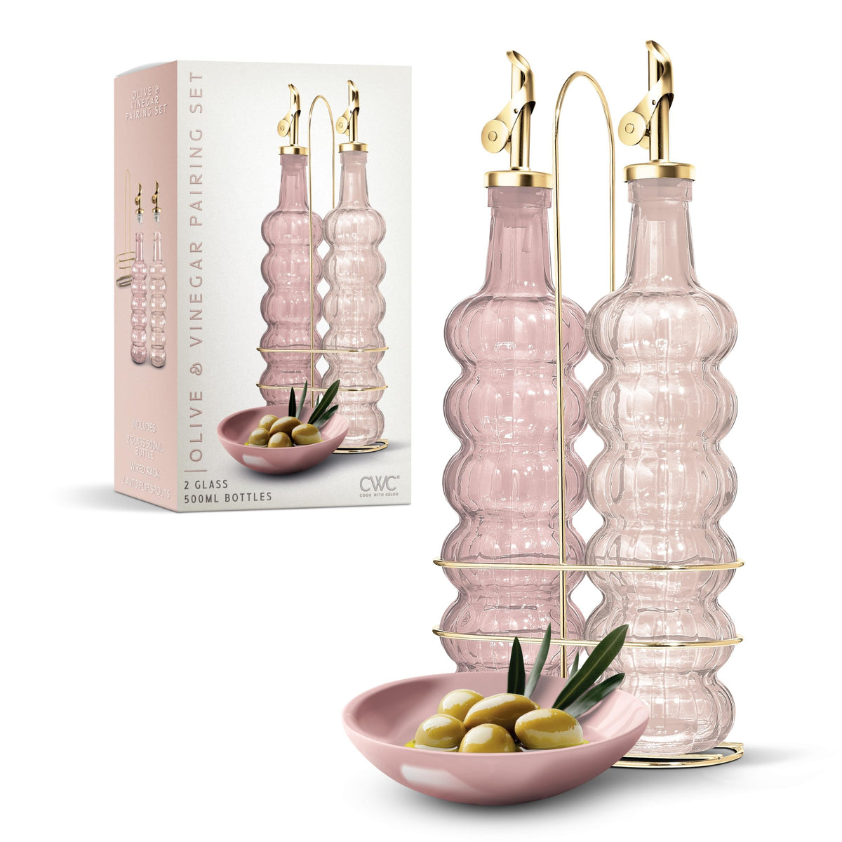 COOK WITH COLOR Glass Olive Oil Bottle Dispenser - 2 Pack- 17oz Oil and Vinegar Cruet - Olive Oil Carafe Decanter for Kitchen, Fluted, Brown