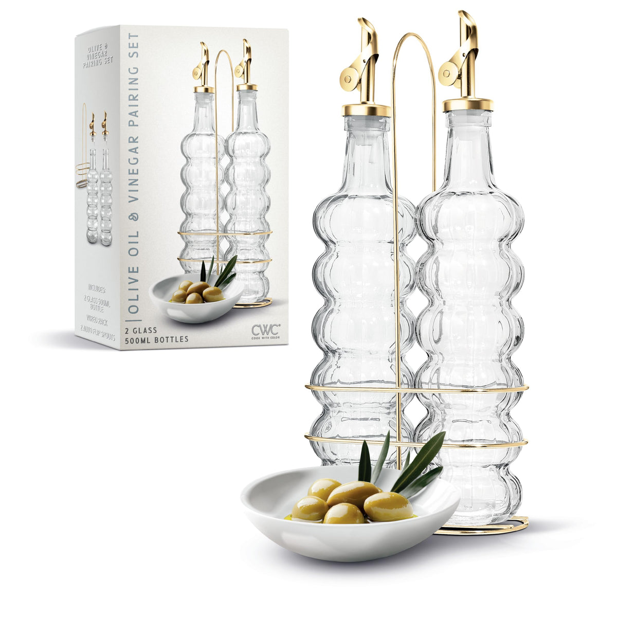 COOK WITH COLOR Glass Olive Oil Bottle Dispenser - 2 Pack- 17oz Oil and Vinegar Cruet - Olive Oil Carafe Decanter for Kitchen, Fluted, Brown