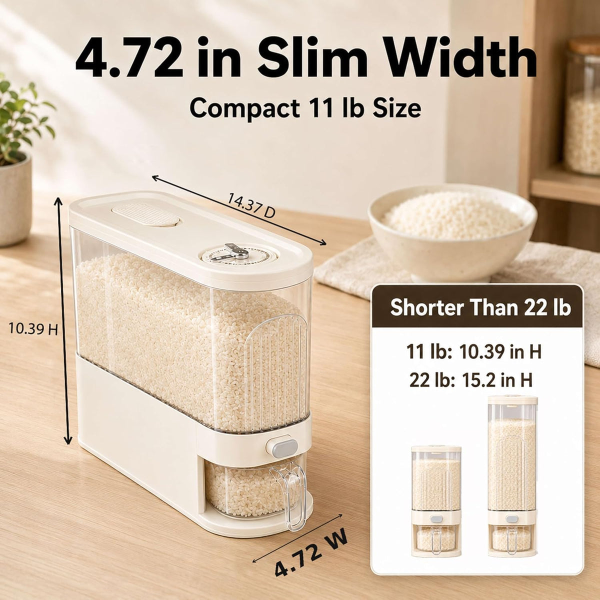 Slim Rice Dispenser, Up to 11 lb Rice Container with Measuring Cup