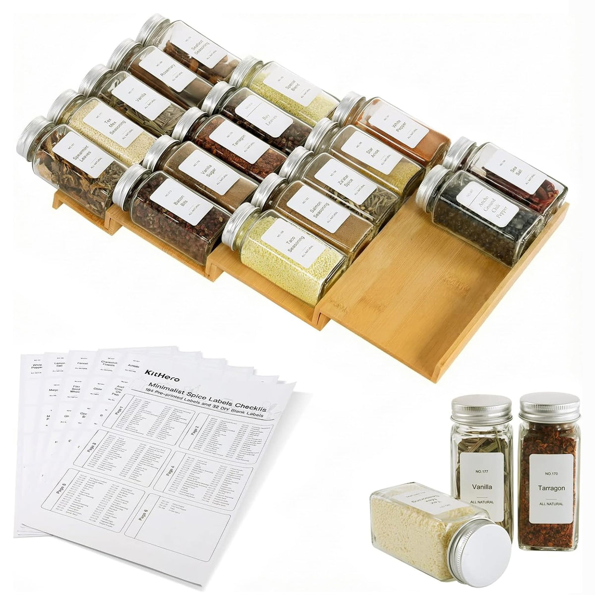 Spice Drawer Organizer with 28 Spice Jars and 216 Labels,Non-slip Rubber, Bamboo 4 Tier Spice Racks Tray Seasoning Containers for Kitchen Drawers,Cabinets,Countertops,13" Wide * 15.8" Deep