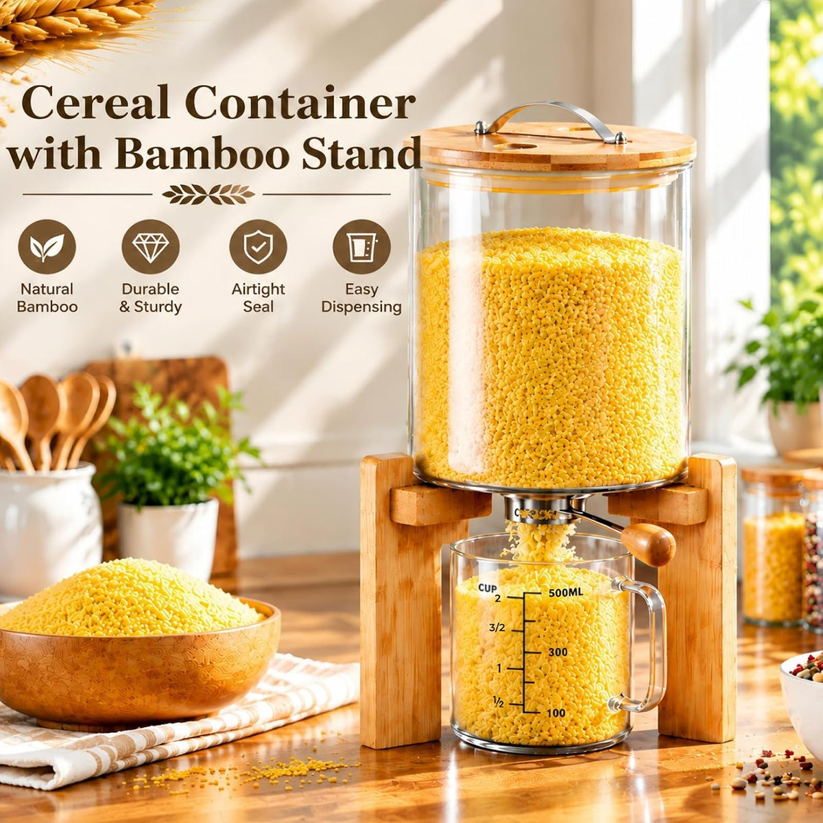 Tlence 5L Glass Rice Dispenser, Cereal Container with Bamboo Stand, Large Airtight Food Storage Bin, Rice Organization Tank with Measuring Cup for Grain Coffee Beans Dry Food