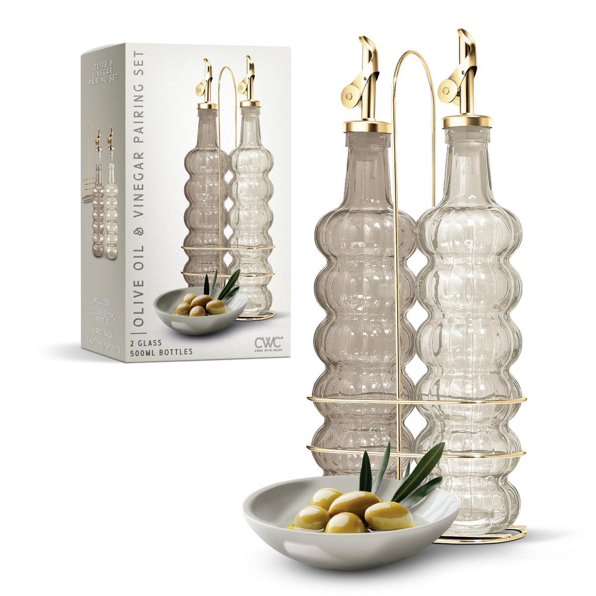 COOK WITH COLOR Glass Olive Oil Bottle Dispenser - 2 Pack- 17oz Oil and Vinegar Cruet - Olive Oil Carafe Decanter for Kitchen, Fluted, Brown