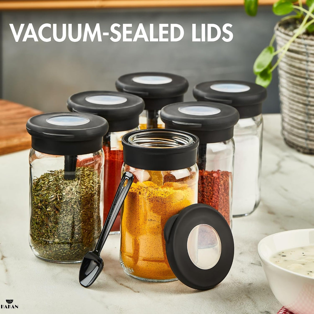 Hakan Spice Jars with Spoons | Clear Glass Spice Jars with Airtight Lids | Round Seasoning Organizers | Canister Set for Countertop | Food Storage Container Set, 6-Pack | 12.8 Oz