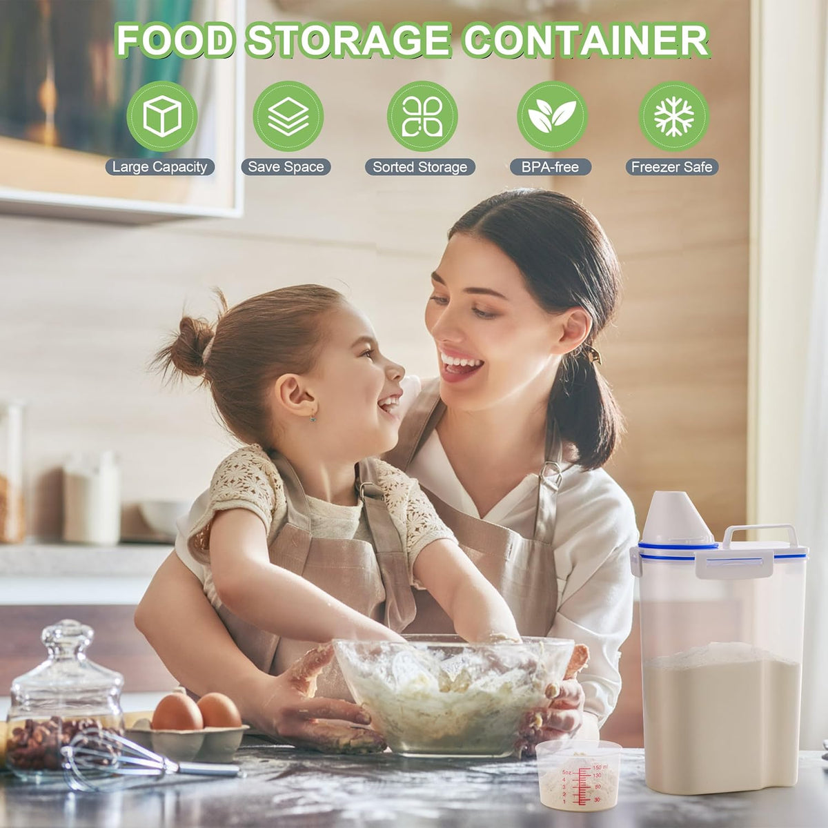 2 Pcs 5.5Lbs Rice Storage Container, Rice Container with Measuring Cup & Pour Spout, Kitchen Plastic Airtight Container for Cereal, Grain, Flour, Sugar, Oatmeal, Dry Pet Dog Food
