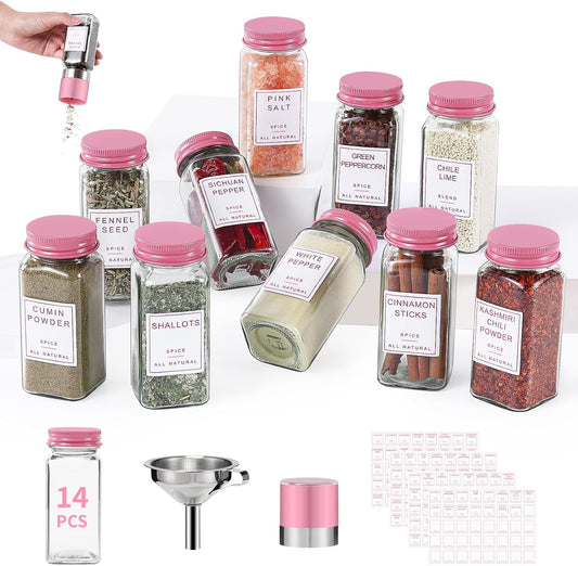 14pcs Glass Spice Jars with Labels, 4oz Seasoning Containers with Metal Lid