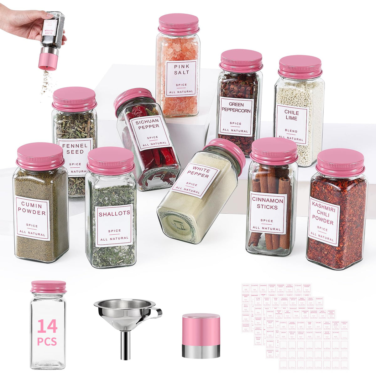 14pcs Glass Spice Jars with Labels, 4oz Seasoning Containers with Metal Lid