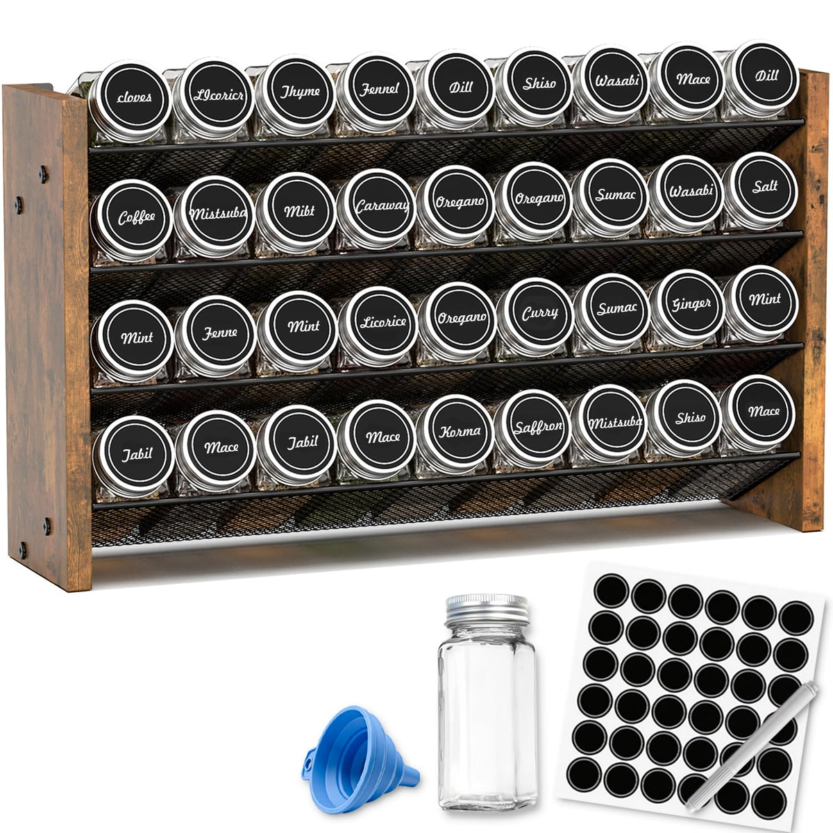 Spice Rack Organizer with 28 Glass Jars, for Cabinet Wall Mount Countertop