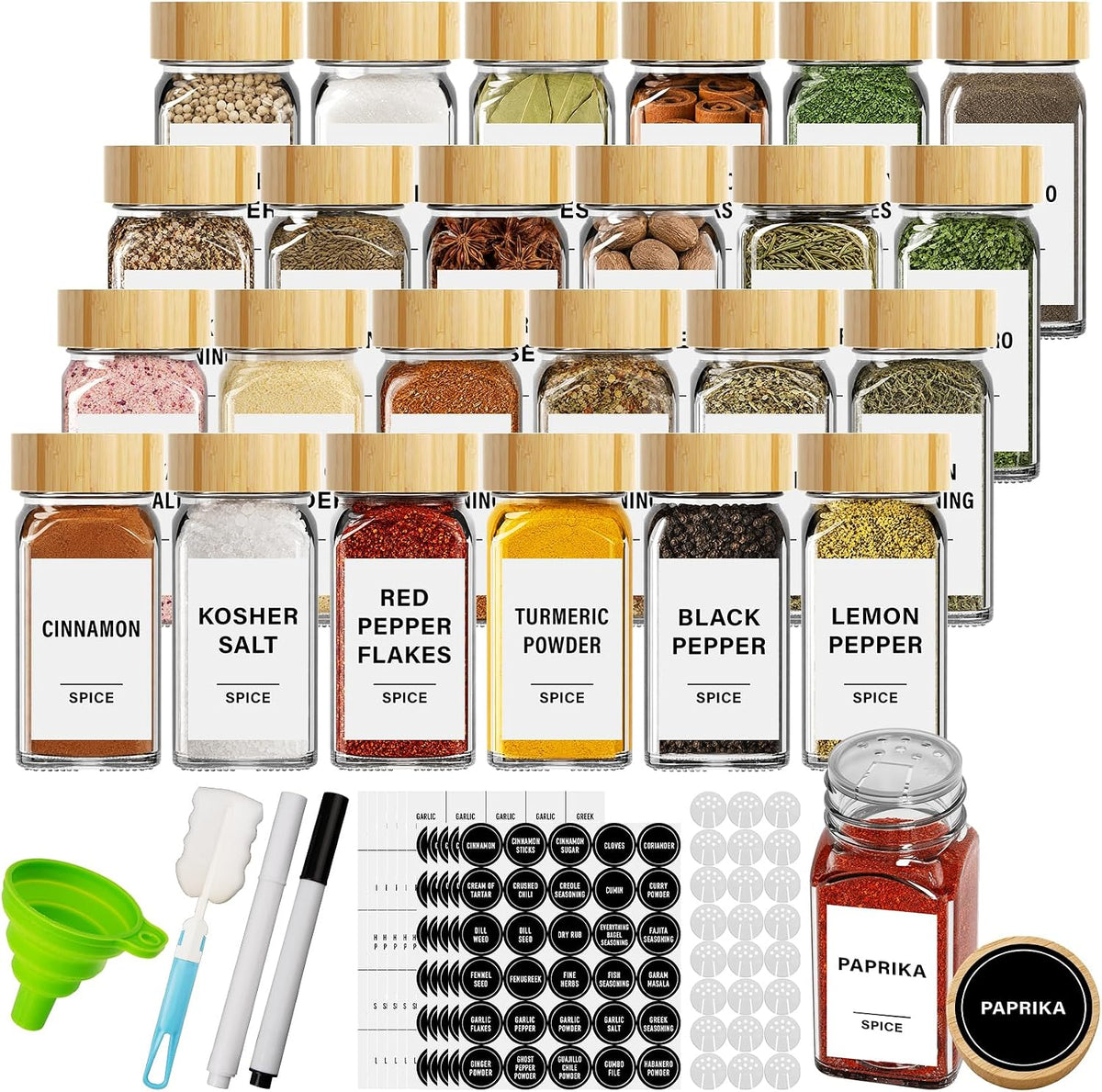 24 Pack 4 oz Square Glass Spice Jars with Labels, Airtight Bamboo Lids