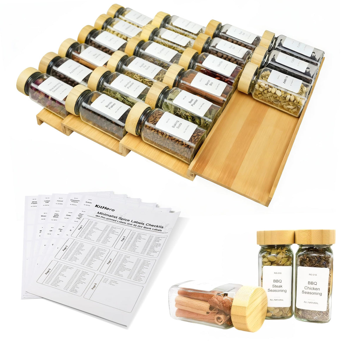 Spice Drawer Organizer with 28 Spice Jars and 216 Labels,Non-slip Rubber, Bamboo 4 Tier Spice Racks Tray Seasoning Containers for Kitchen Drawers,Cabinets,Countertops,13" Wide * 15.8" Deep