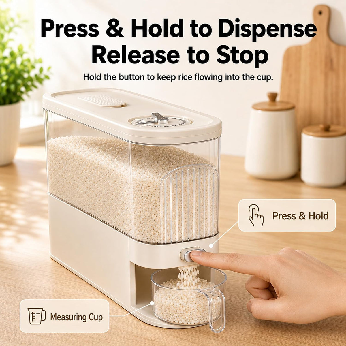 Slim Rice Dispenser, Up to 11 lb Rice Container with Measuring Cup