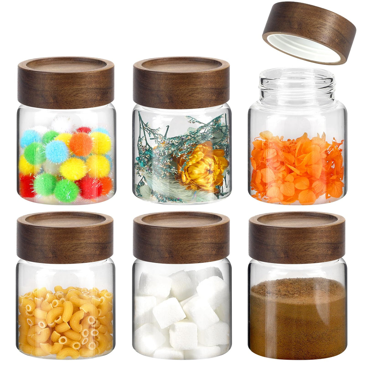 6 pc Glass Spice jars Glass Jars with Screw Lid 5 oz Acacia Wood Glass Herb Sugar Coffee Bean Ground Container Food Storage Canister for Candy Pantry Tea Seasoning Meal Prep Snack (6*150ml(5oz))