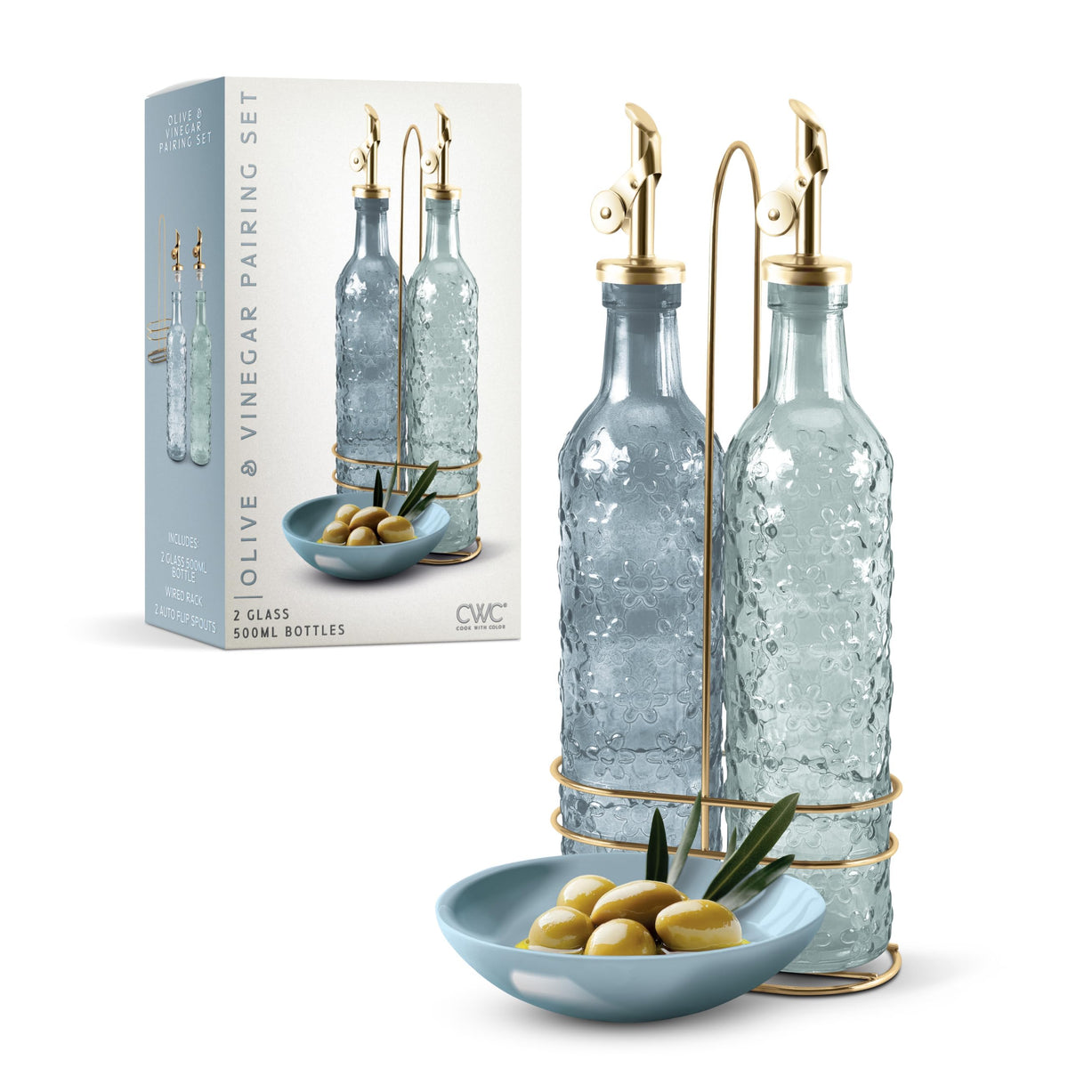 COOK WITH COLOR Glass Olive Oil Bottle Dispenser - 2 Pack- 17oz Oil and Vinegar Cruet - Olive Oil Carafe Decanter for Kitchen, Fluted, Brown