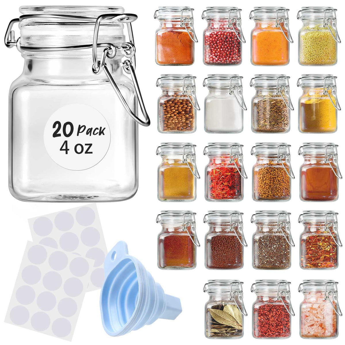 SKOCHE Spice Jars 20 Pack Small 4 oz Glass Jars Spice Jars Herb Jars