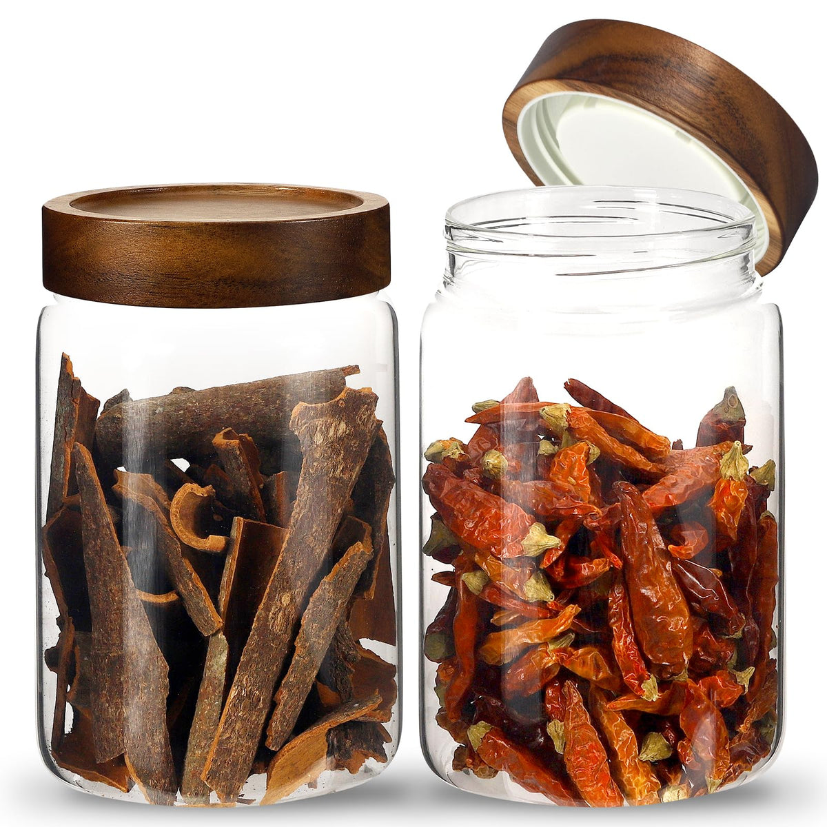 6 pc Glass Spice jars Glass Jars with Screw Lid 5 oz Acacia Wood Glass Herb Sugar Coffee Bean Ground Container Food Storage Canister for Candy Pantry Tea Seasoning Meal Prep Snack (6*150ml(5oz))