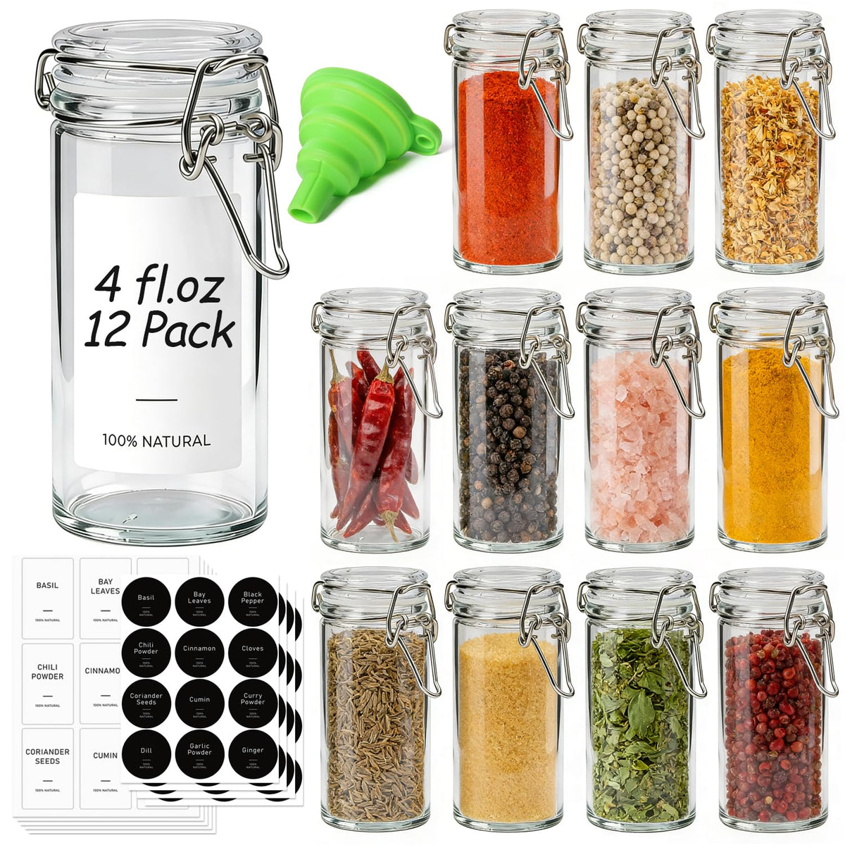 ComSaf Small Glass Spice Jars with Airtight Lids 4 oz 6 Pack with Labels