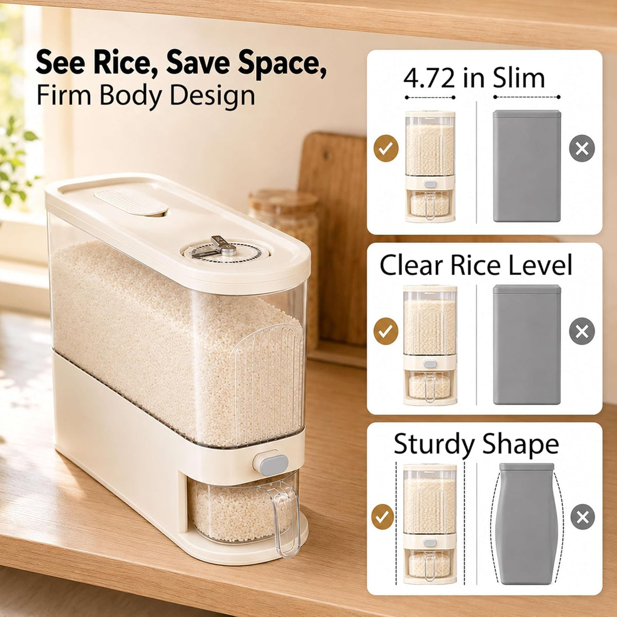 Slim Rice Dispenser, Up to 11 lb Rice Container with Measuring Cup