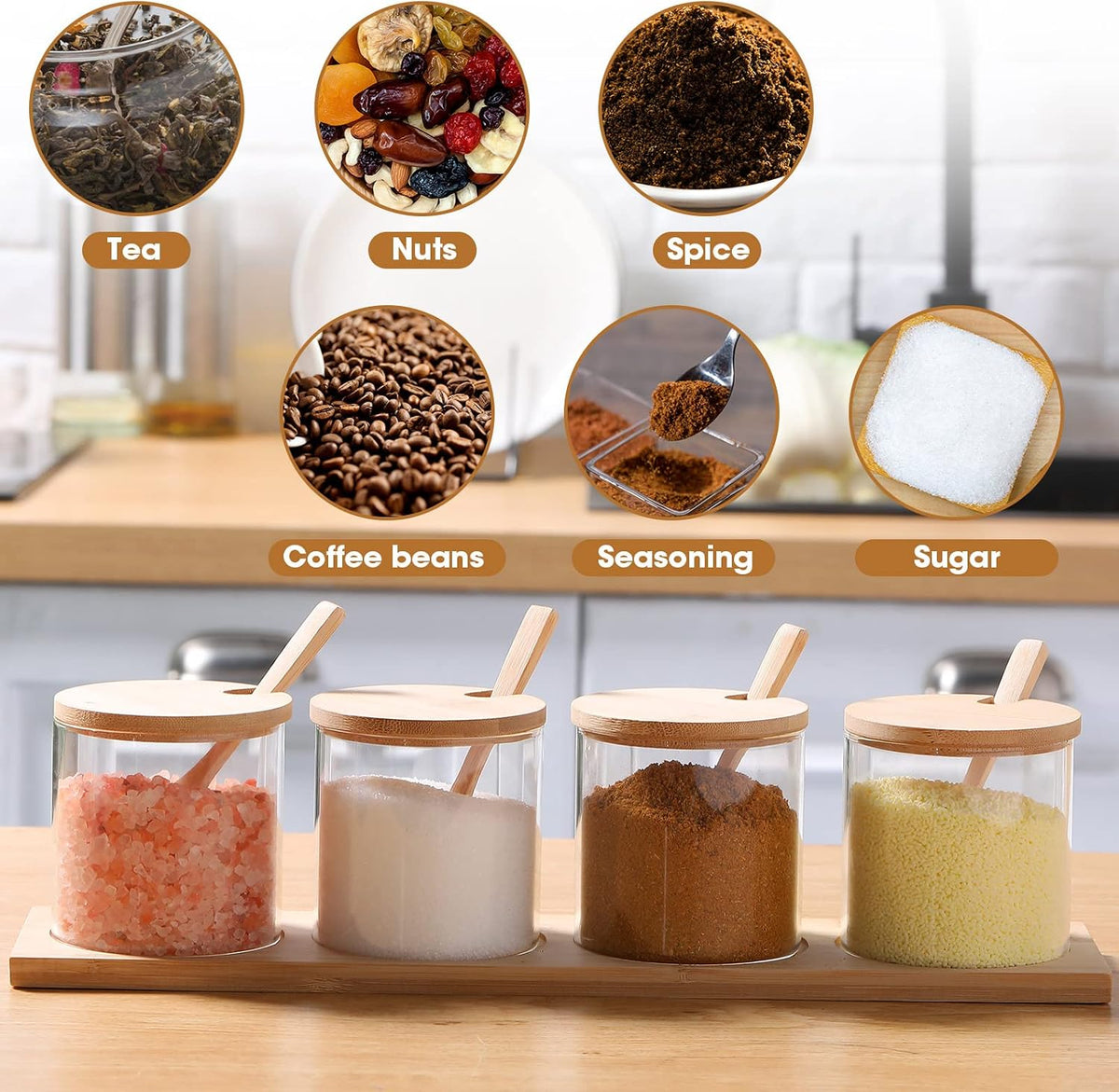 Zubebe 8 Pcs 10 oz Clear Glass Seasoning Jar with Wooden Lid and Spoon