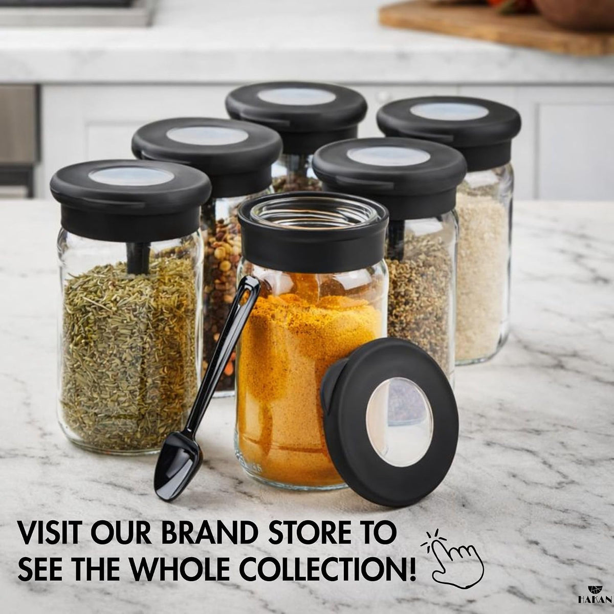 Hakan Spice Jars with Spoons | Clear Glass Spice Jars with Airtight Lids | Round Seasoning Organizers | Canister Set for Countertop | Food Storage Container Set, 6-Pack | 12.8 Oz