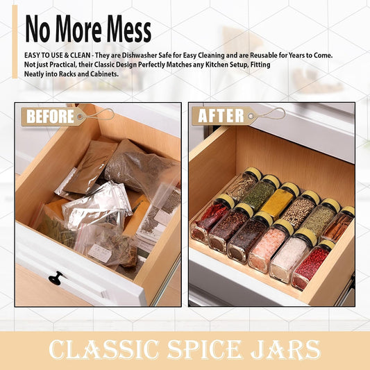 Glass Spice Jars with Bamboo Airtight Lids - (2 Pack) - 4 oz Square Spice Bottles with Shaker Lids - Clear Empty Shaker Seasoning Jars with Preprinted Spice Jars Labels for Spice Rack, Drawer, Cabinet